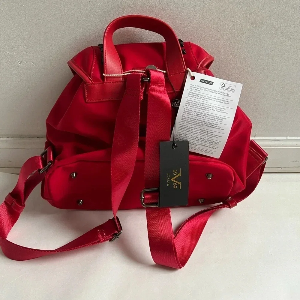V 1969 Italia Bright Red Fabric Nylon Studded Backpack Bag NWT Medium Purse